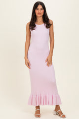 Light Pink Ribbed Knit Sleeveless Ruffle Hem Maternity Maxi Dress