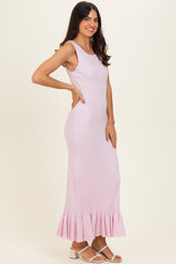 Light Pink Ribbed Knit Sleeveless Ruffle Hem Maxi Dress