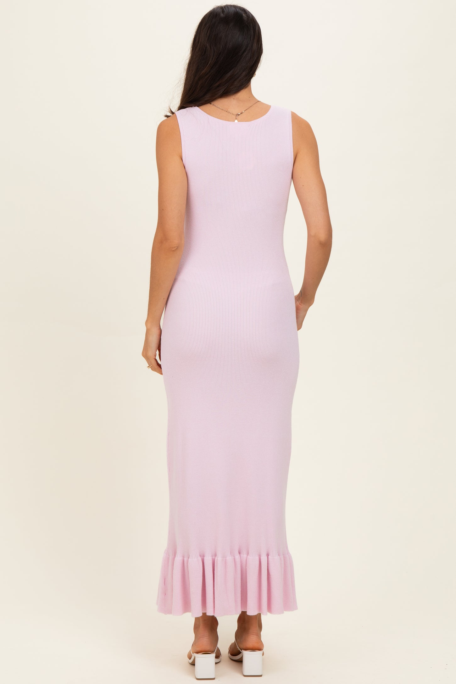 Light Pink Ribbed Knit Sleeveless Ruffle Hem Maxi Dress