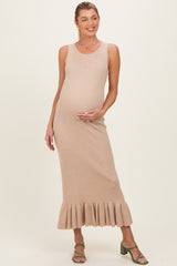 Oatmeal Ribbed Knit Sleeveless Ruffle Hem Maternity Maxi Dress