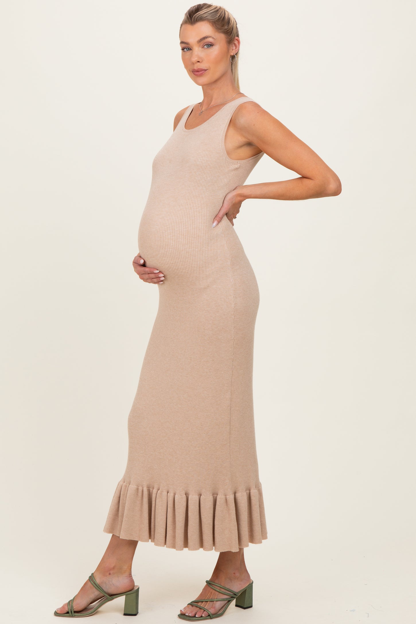 Oatmeal Ribbed Knit Sleeveless Ruffle Hem Maternity Maxi Dress