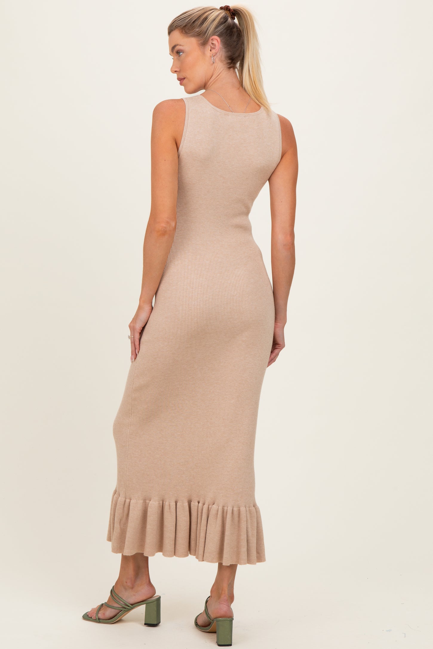 Oatmeal Ribbed Knit Sleeveless Ruffle Hem Maternity Maxi Dress