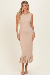 Oatmeal Ribbed Knit Sleeveless Ruffle Hem Maxi Dress
