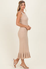 Oatmeal Ribbed Knit Sleeveless Ruffle Hem Maxi Dress