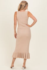 Oatmeal Ribbed Knit Sleeveless Ruffle Hem Maxi Dress
