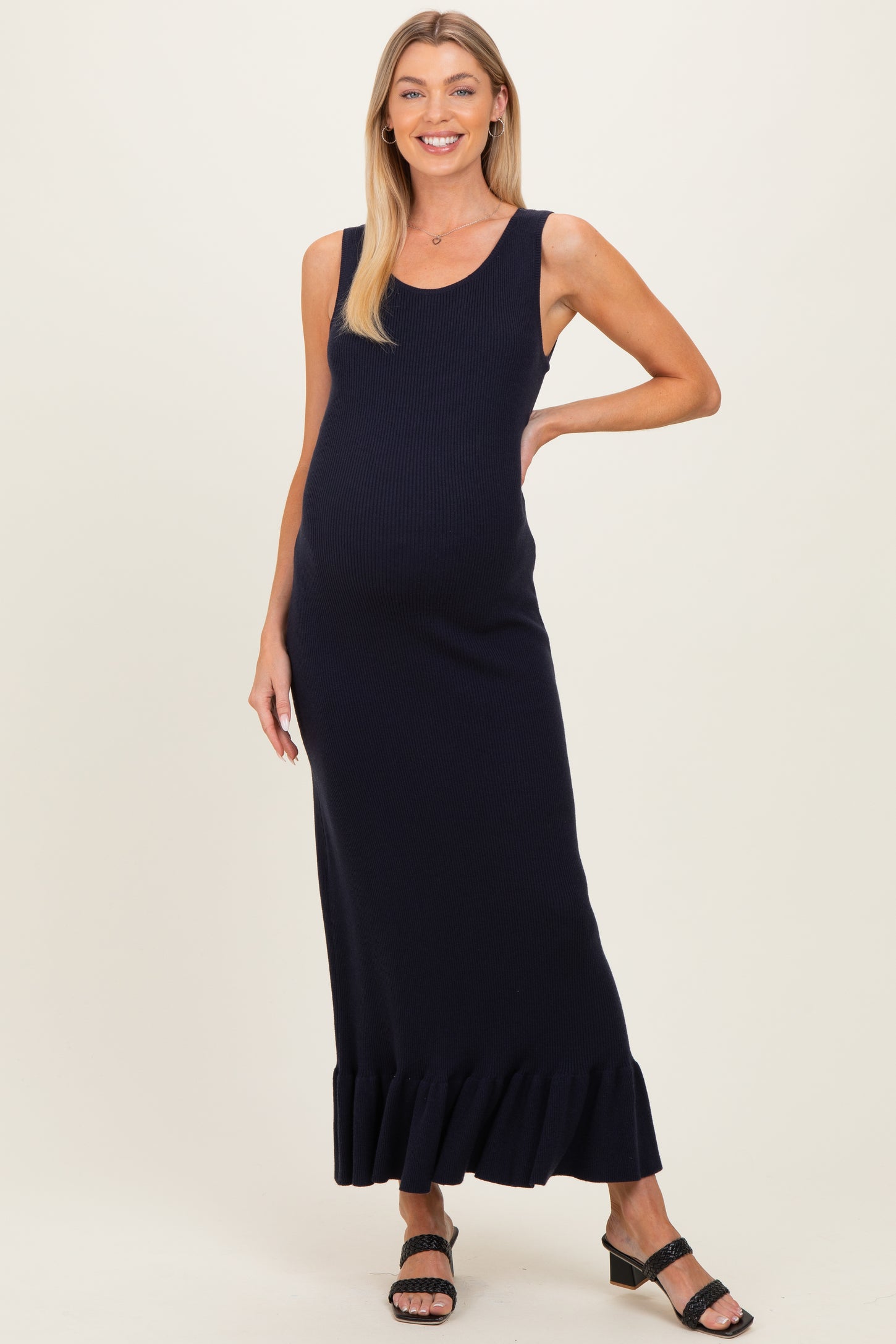 Navy Ribbed Knit Sleeveless Ruffle Hem Maternity Maxi Dress