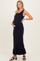 Navy Ribbed Knit Sleeveless Ruffle Hem Maternity Maxi Dress