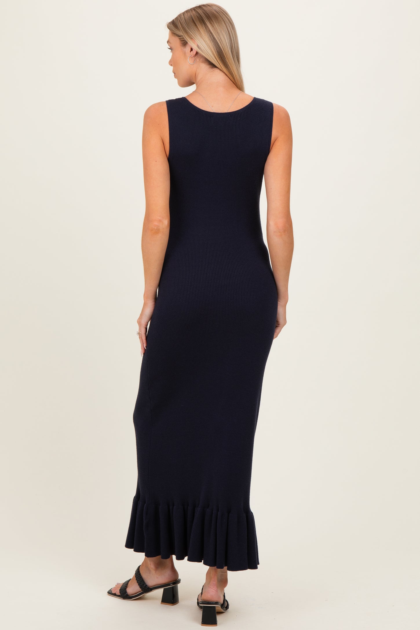 Navy Ribbed Knit Sleeveless Ruffle Hem Maternity Maxi Dress