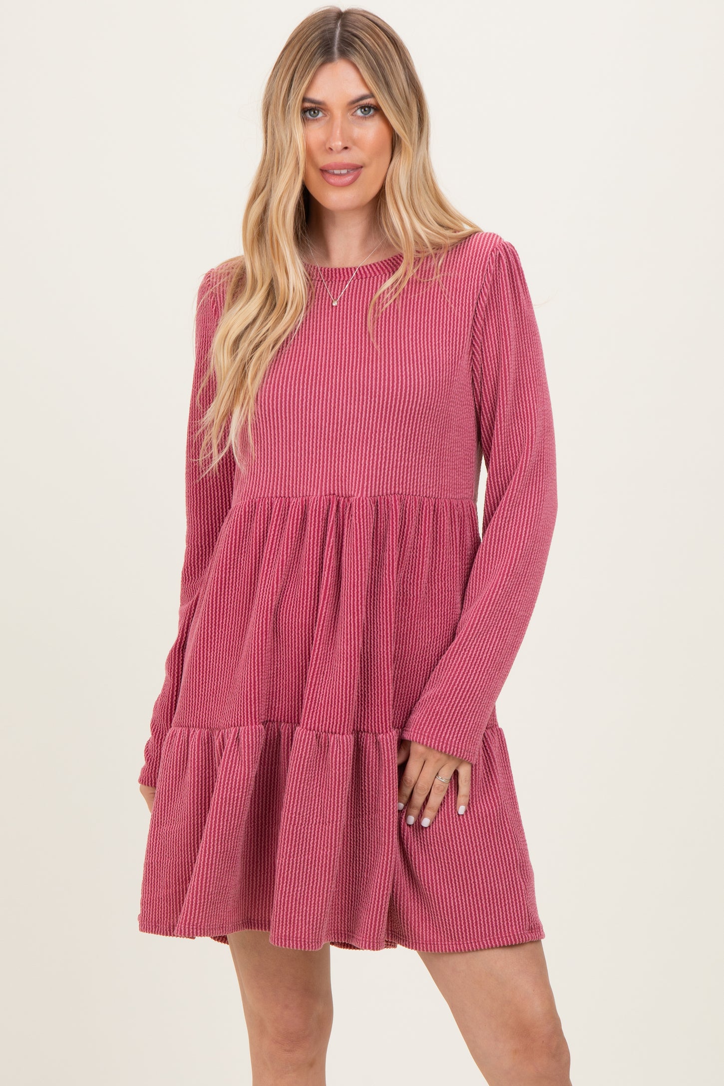 Dark Mauve Textured Rib Tiered Long Sleeve Dress