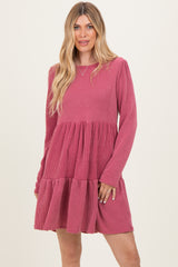 Dark Mauve Textured Rib Tiered Long Sleeve Dress