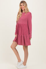 Dark Mauve Textured Rib Tiered Long Sleeve Dress