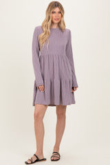 Lavender Textured Rib Tiered Long Sleeve Maternity Dress
