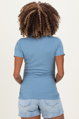 Dusty Blue Ribbed Ruched Short Sleeve Maternity Top