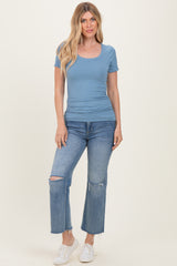 Dusty Blue Ribbed Ruched Short Sleeve Top
