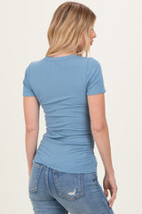 Dusty Blue Ribbed Ruched Short Sleeve Top