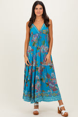 Turquoise Floral Deep V-Neck Tiered Maternity Maxi Dress