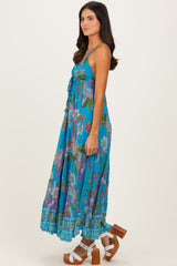 Turquoise Floral Deep V-Neck Tiered Maxi Dress