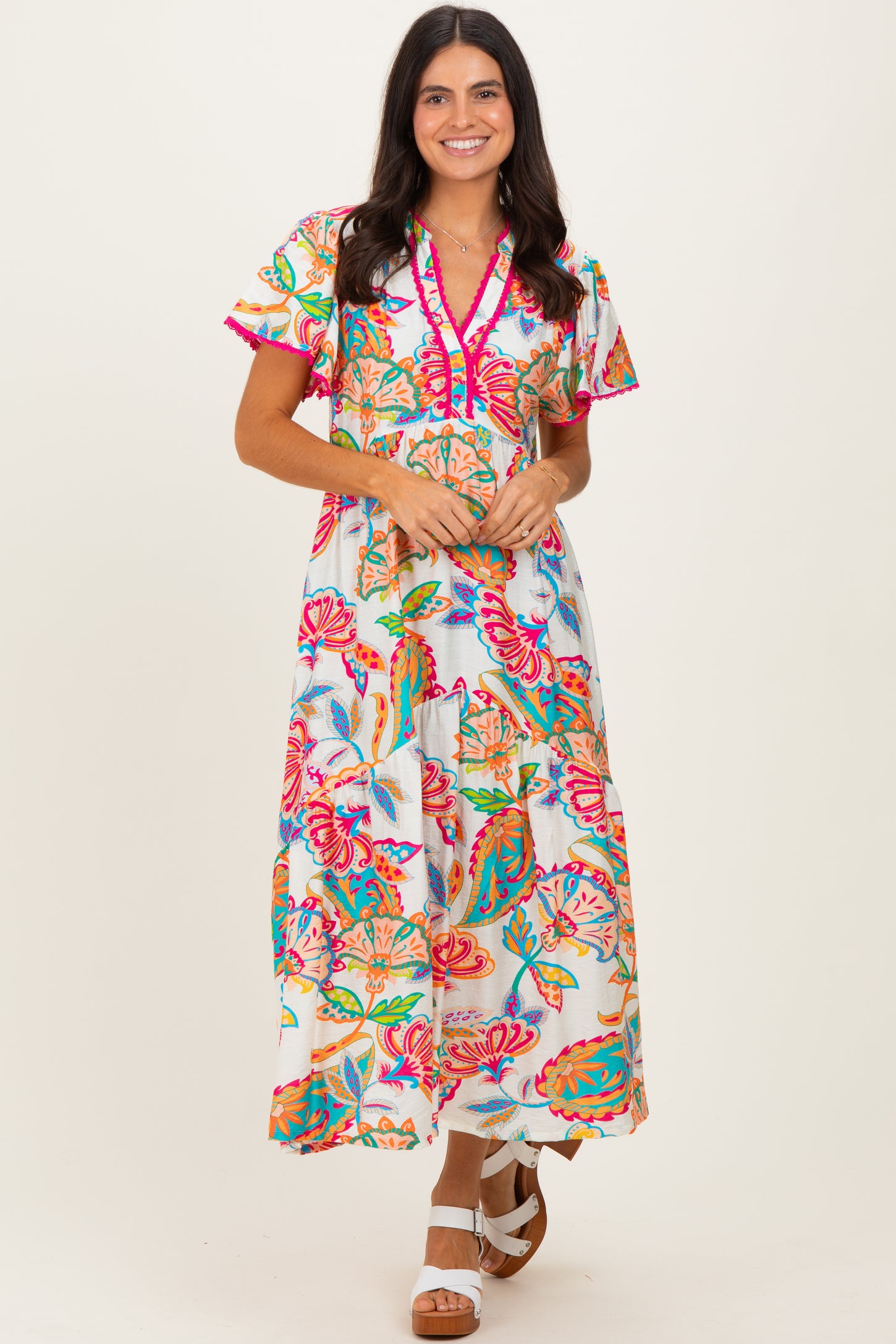 Cream Boho Print Lace Trim Tiered Midi Dress