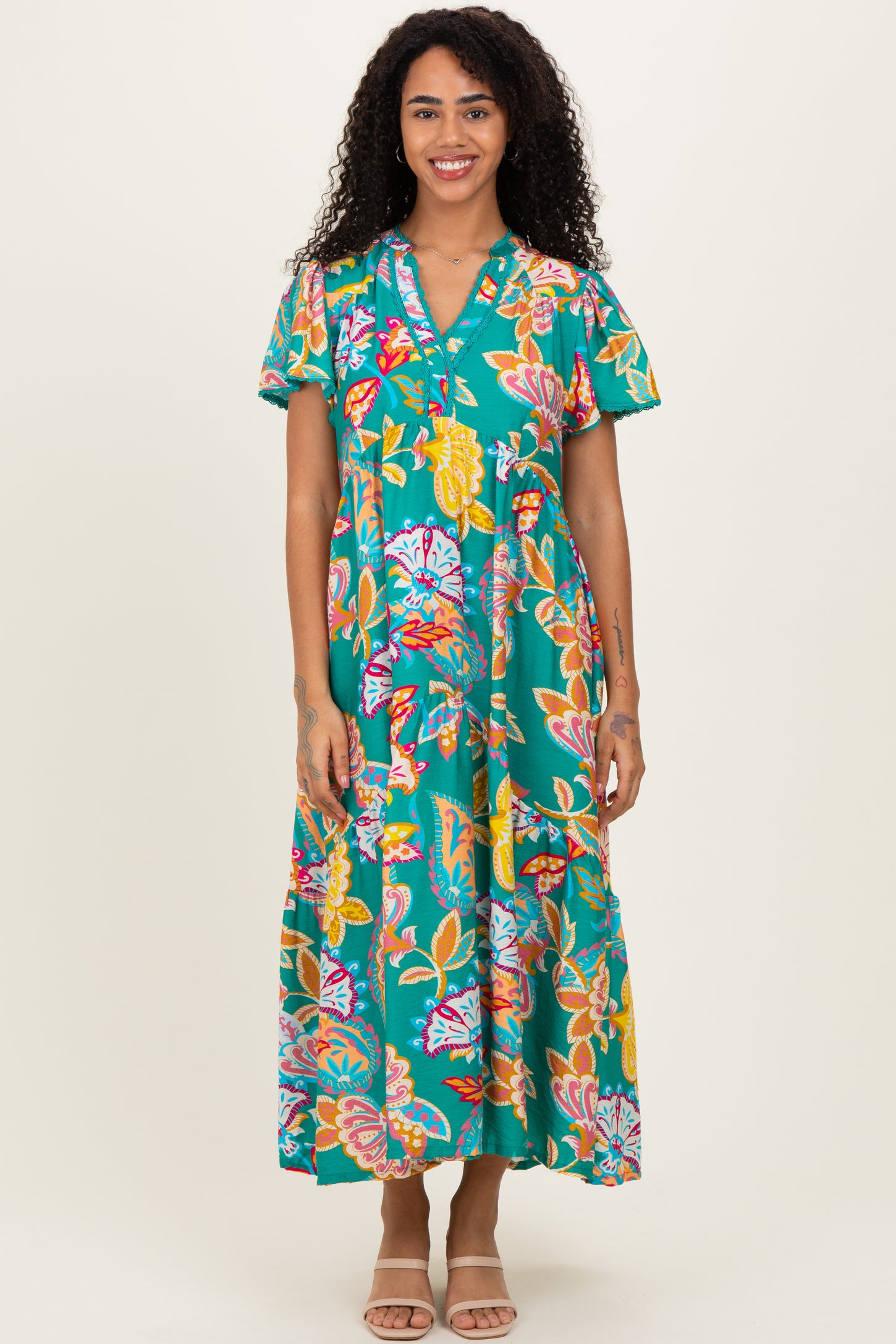 Emerald Boho Print Lace Trim Tiered Midi Dress