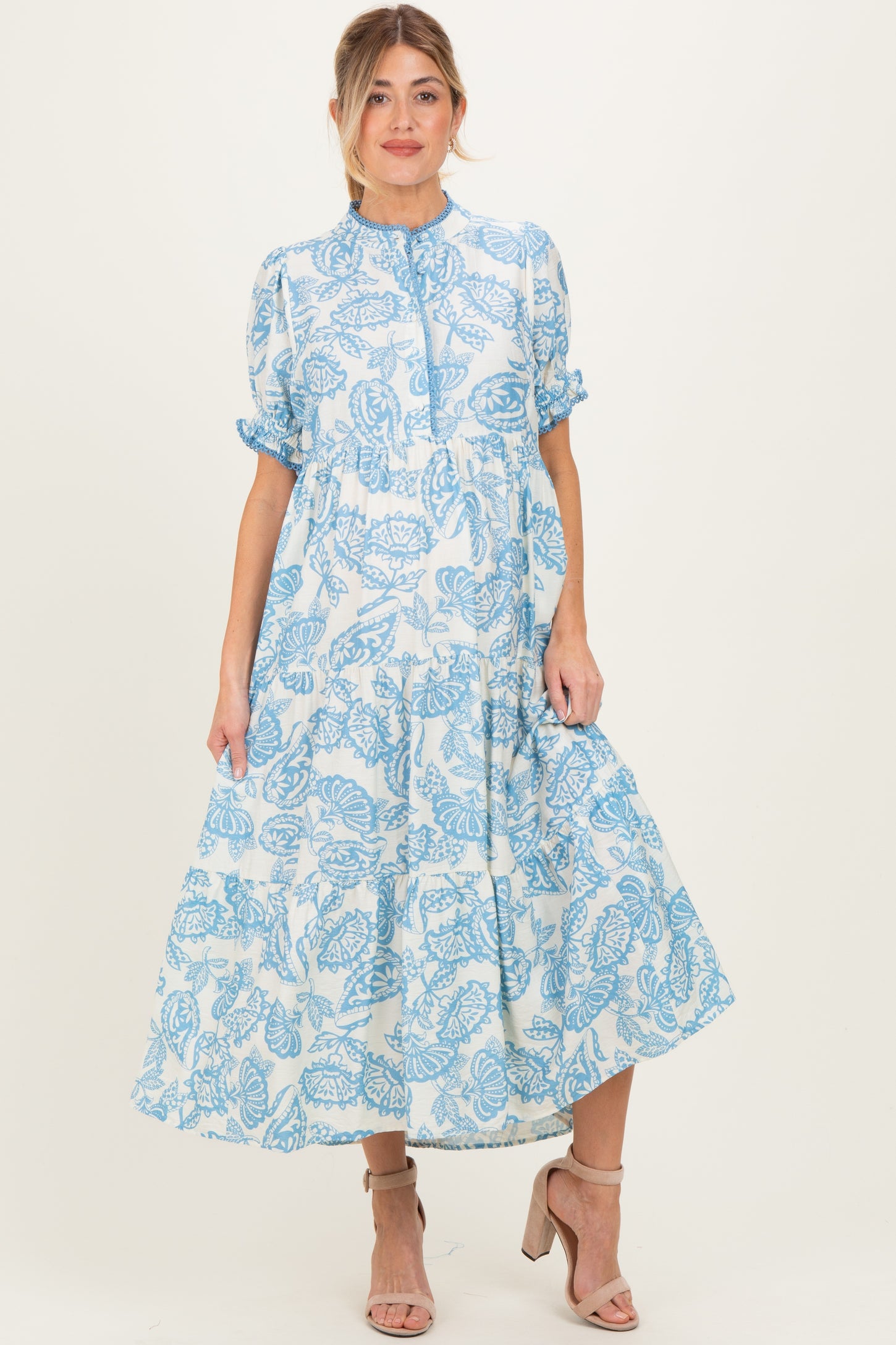 Light Blue Paisley Print Tiered Maternity Midi Dress