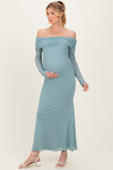 Blue Mesh Overlay Off Shoulder Long Sleeve Maternity Midi Dress