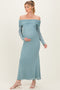 Blue Mesh Overlay Off Shoulder Long Sleeve Maternity Midi Dress