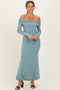 Blue Mesh Overlay Off Shoulder Long Sleeve Midi Dress