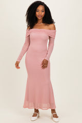 Mauve Mesh Overlay Off Shoulder Long Sleeve Maternity Midi Dress
