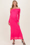 Fuchsia Mesh Overlay Off Shoulder Long Sleeve Maternity Midi Dress