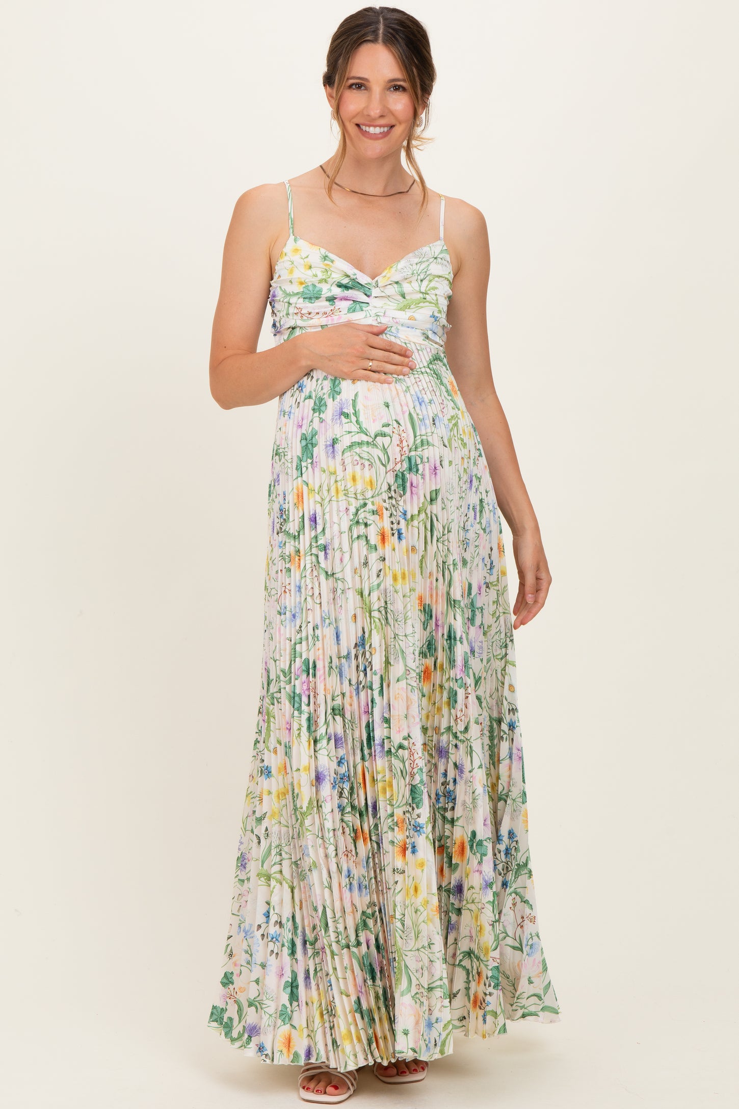 Ivory Floral Pleated Sleeveless Maternity Maxi Dress