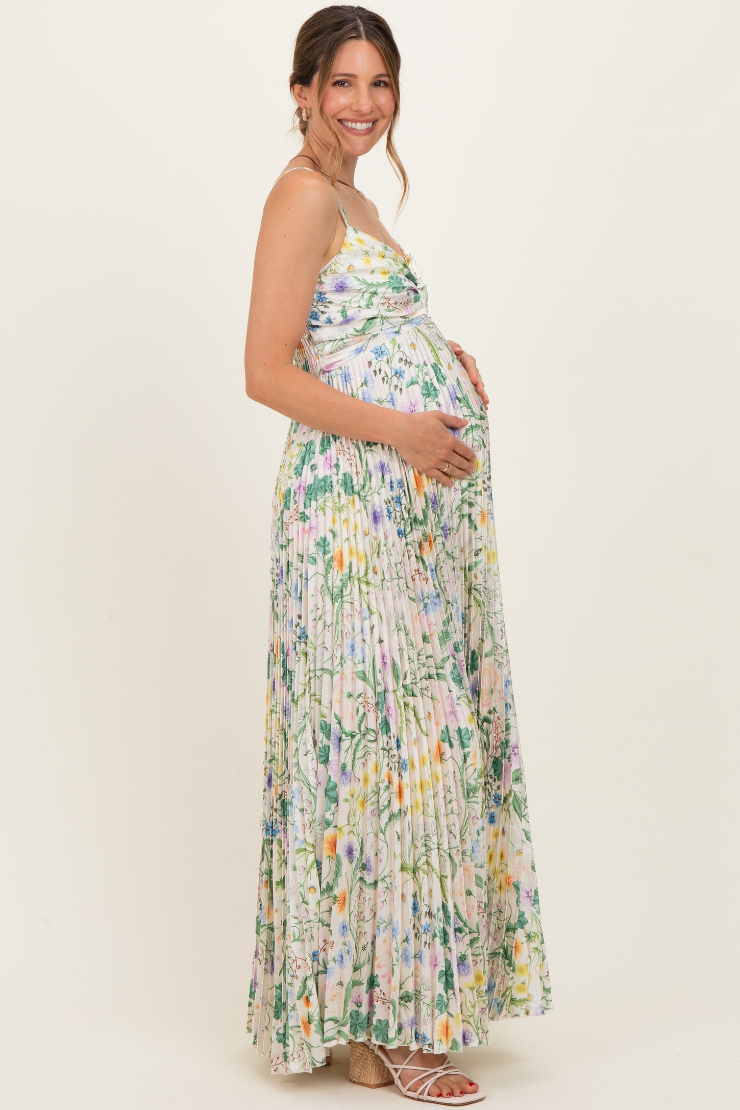 Ivory Floral Pleated Sleeveless Maternity Maxi Dress