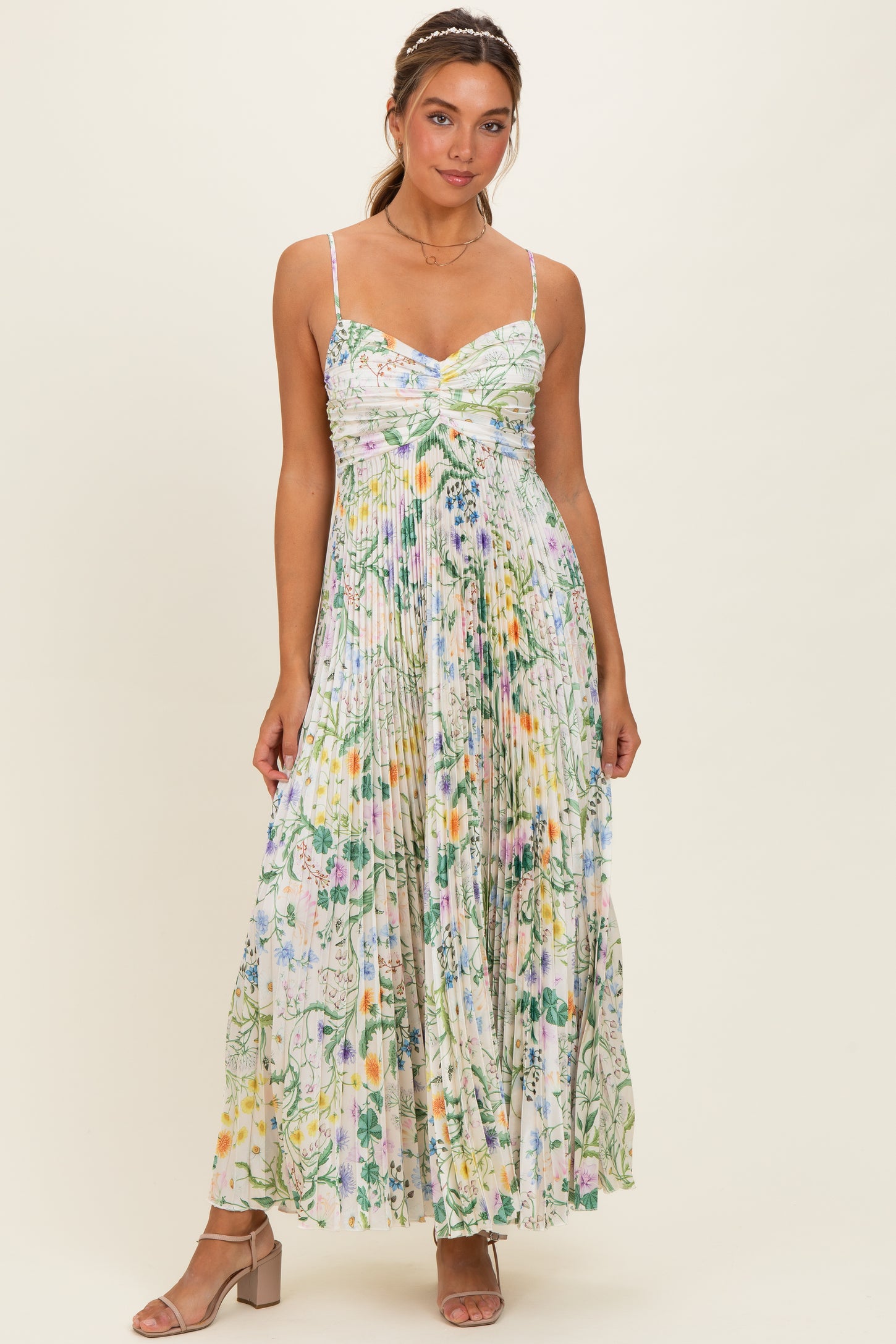 Ivory Floral Pleated Sleeveless Maternity Maxi Dress