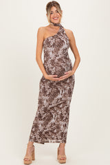 Mocha Printed Halter Maternity Maxi Dress