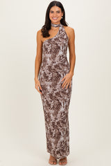 woman wearing a brown tie-dye one-shoulder maxi dress with a matching neck scarf