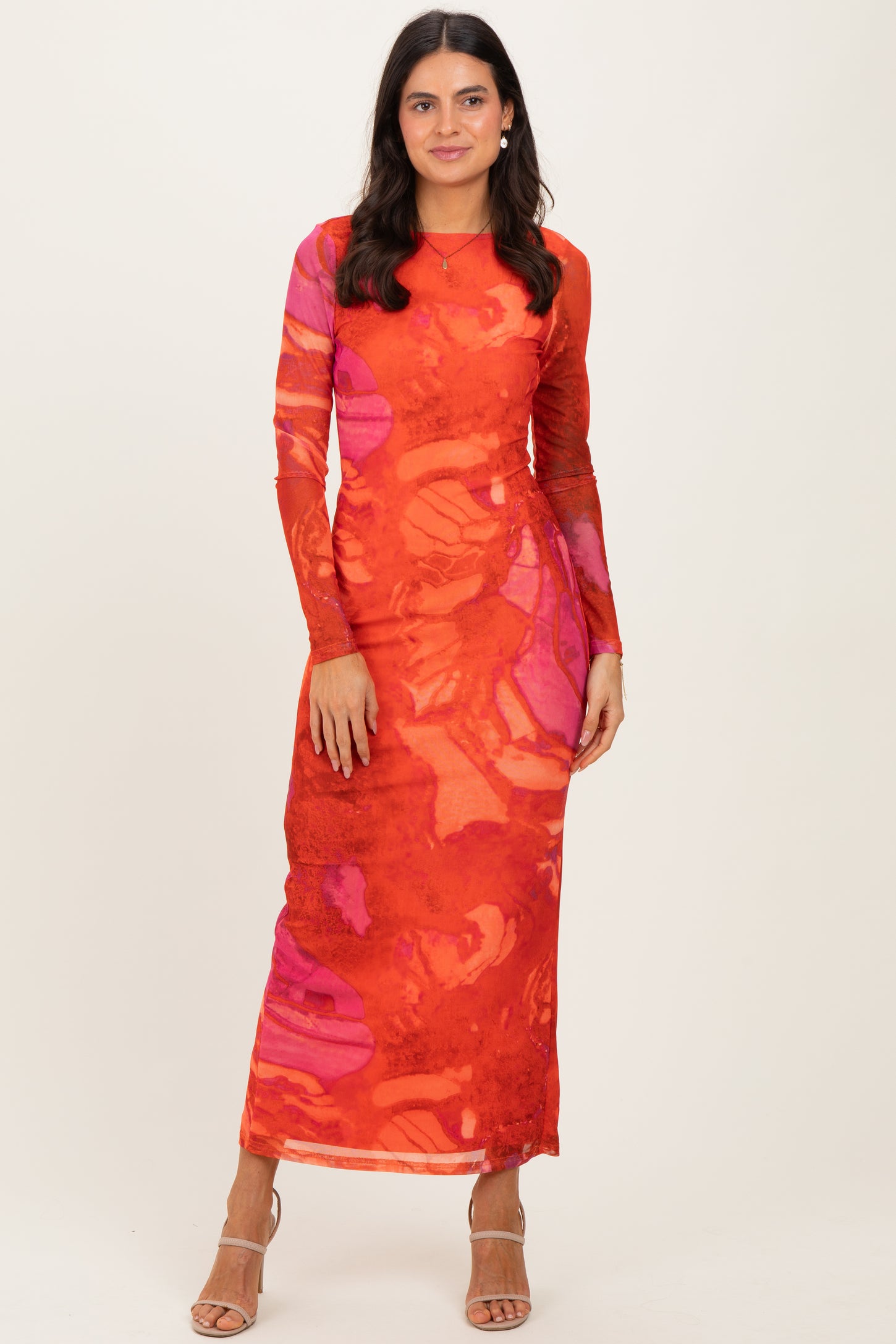 Coral Printed Mesh Open Back Maxi Dress