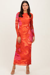 Coral Printed Mesh Open Back Maxi Dress