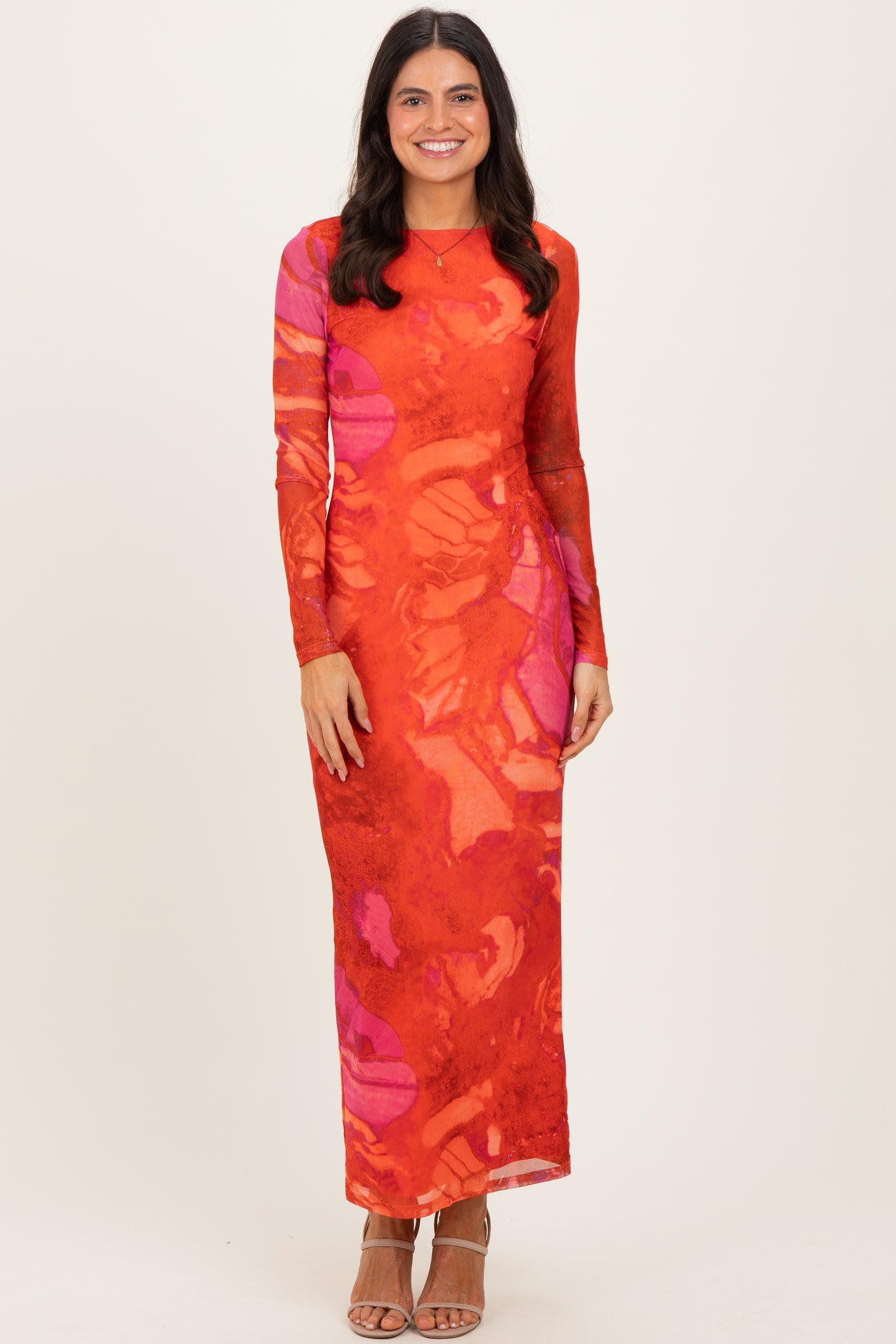 Coral Printed Mesh Open Back Maternity Maxi Dress