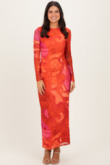 Coral Printed Mesh Open Back Maternity Maxi Dress