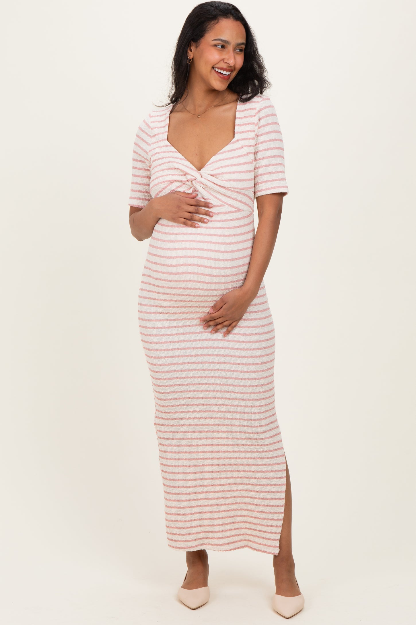 Cream/ Pink Striped Knit Short Sleeve Maternity Maxi Dress