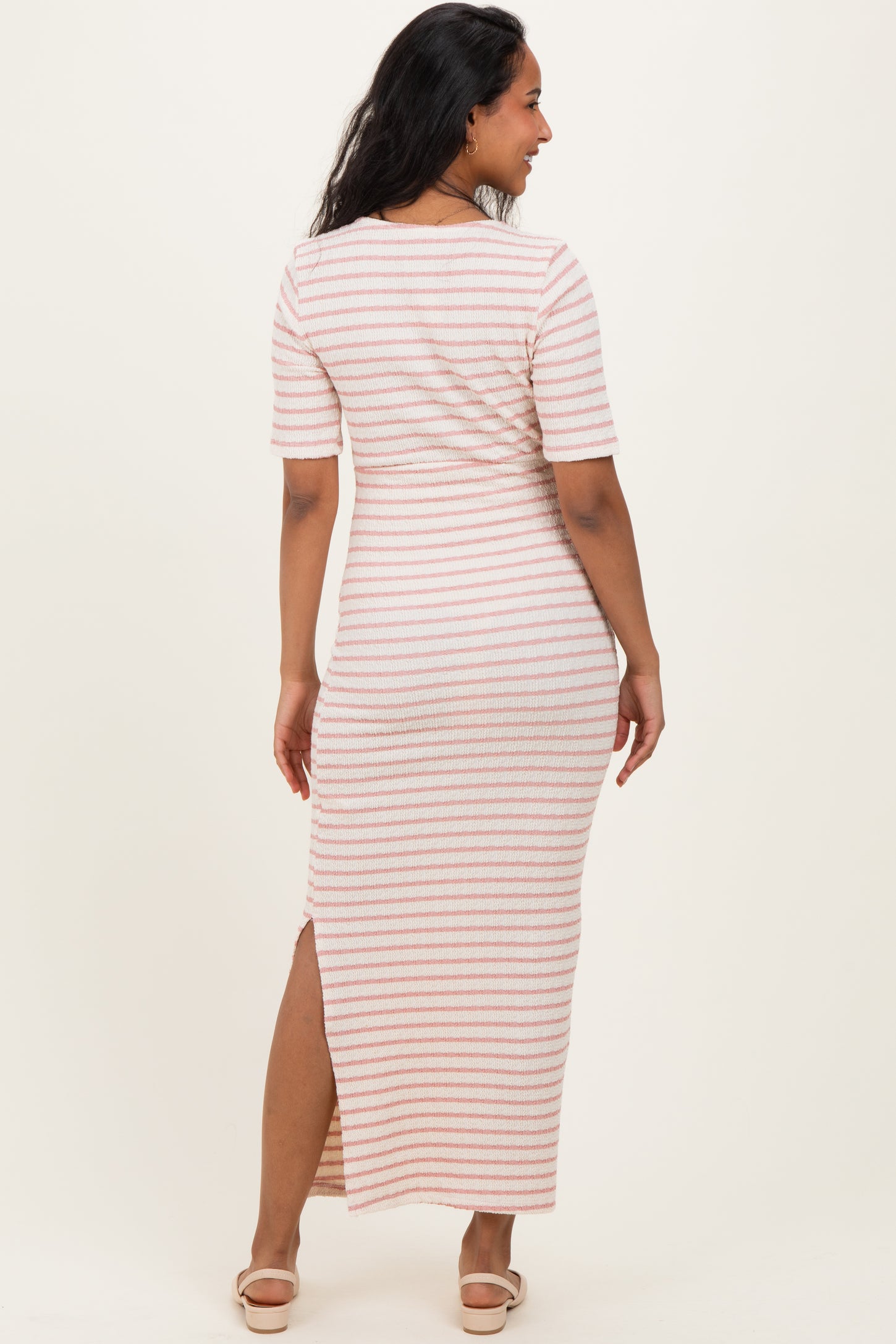 Cream/ Pink Striped Knit Short Sleeve Maternity Maxi Dress