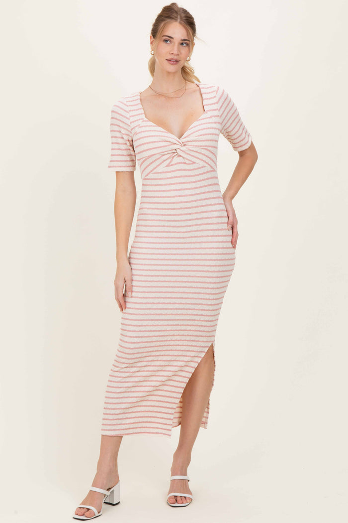 Cream/ Pink Striped Knit Short Sleeve Maternity Maxi Dress