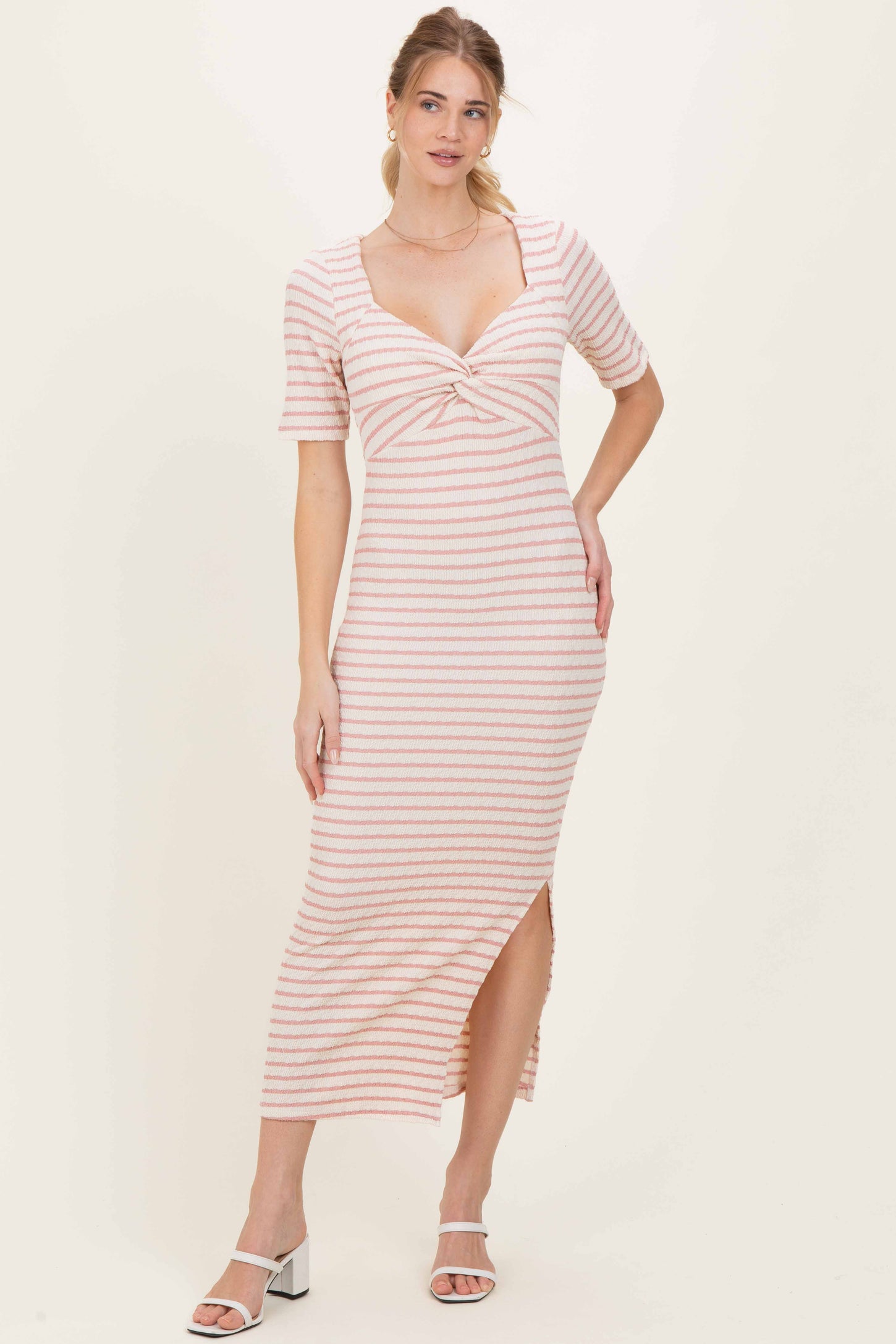 Cream/ Pink Striped Knit Short Sleeve Maxi Dress