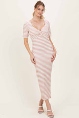 Cream/ Pink Striped Knit Short Sleeve Maxi Dress