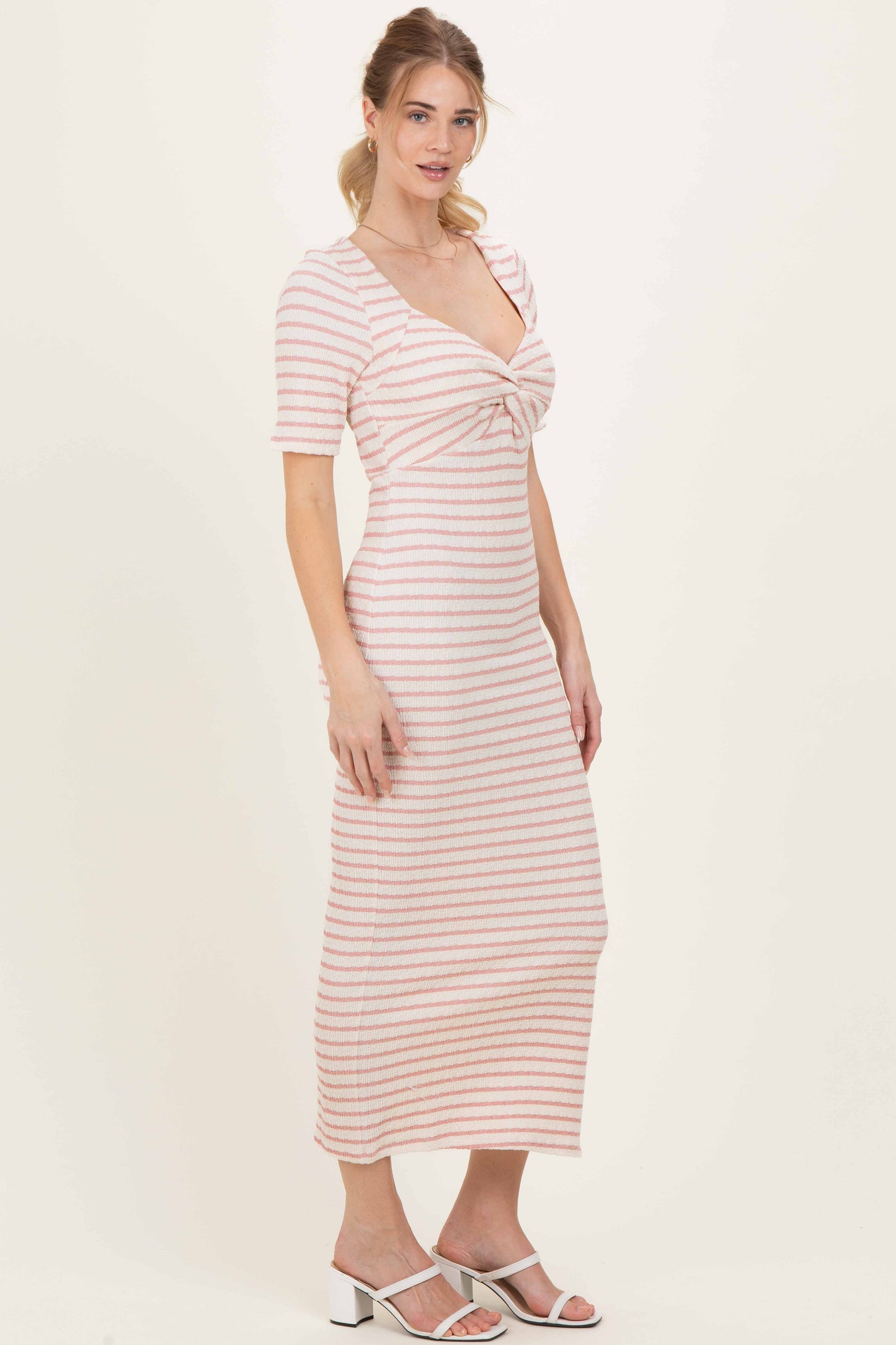 Cream/ Pink Striped Knit Short Sleeve Maxi Dress