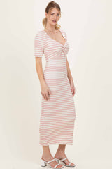 Cream/ Pink Striped Knit Short Sleeve Maxi Dress