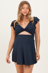 Navy Ribbed Ruffle Twist Front Maternity Swim Dress