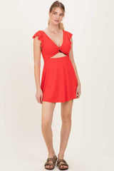 Red Ribbed Ruffle Twist Front Swim Dress