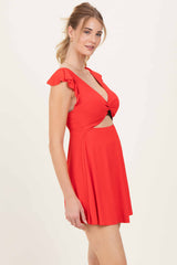 Red Ribbed Ruffle Twist Front Swim Dress