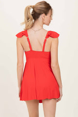 Red Ribbed Ruffle Twist Front Swim Dress