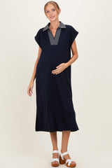Navy Striped Collared Side Slit Maternity Midi Dress